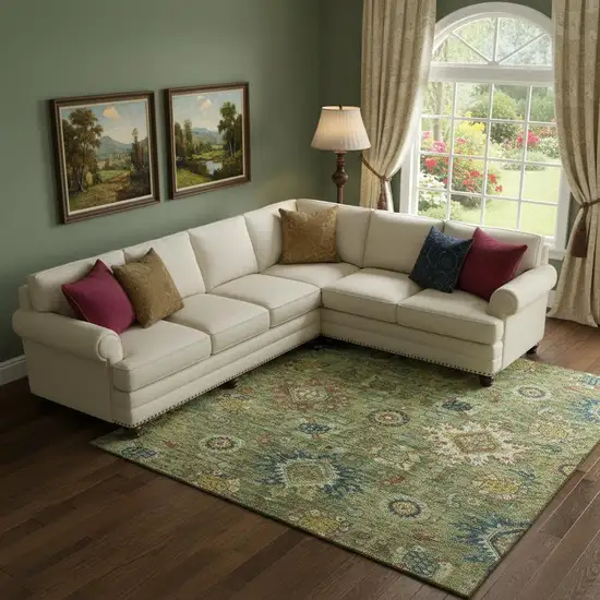 Artichoke Green Rust And Gold Oriental Washable Area Rug With UV Protection Photo 2