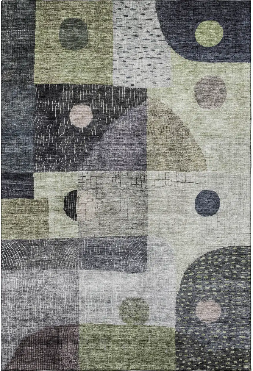 Artichoke Green Silver And Gray Geometric Washable Area Rug With UV Protection Photo 3