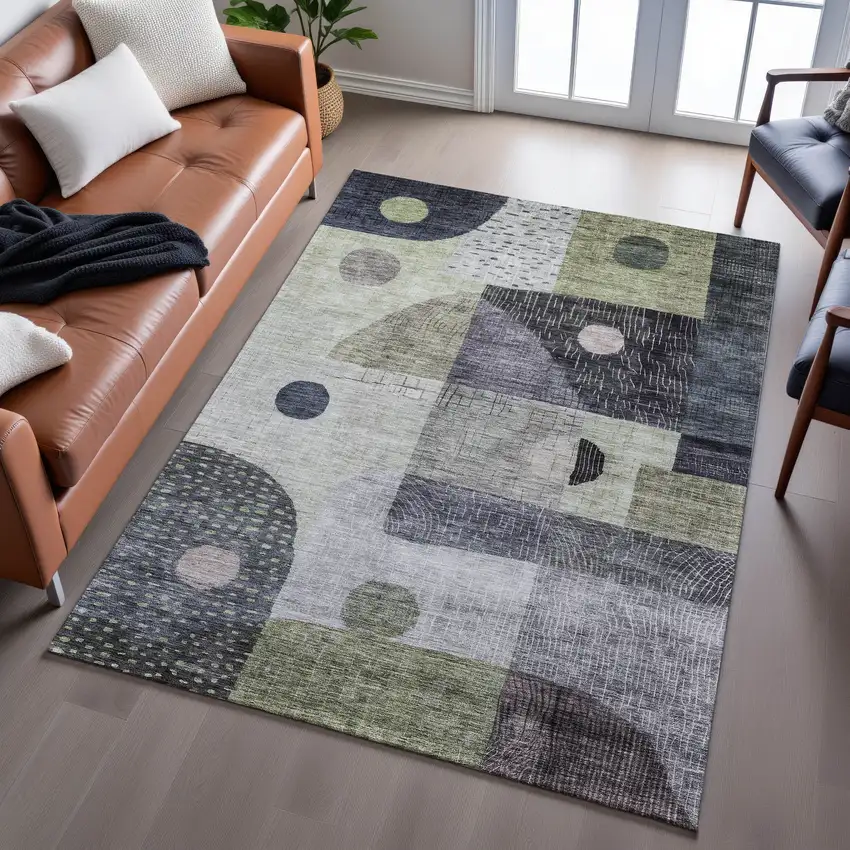 Artichoke Green Silver And Gray Geometric Washable Area Rug With UV Protection Photo 5