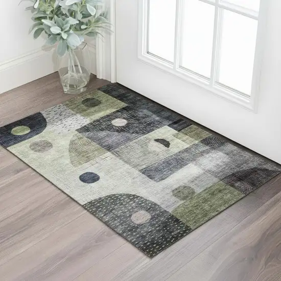 Artichoke Green Silver And Gray Geometric Washable Area Rug With UV Protection Photo 2