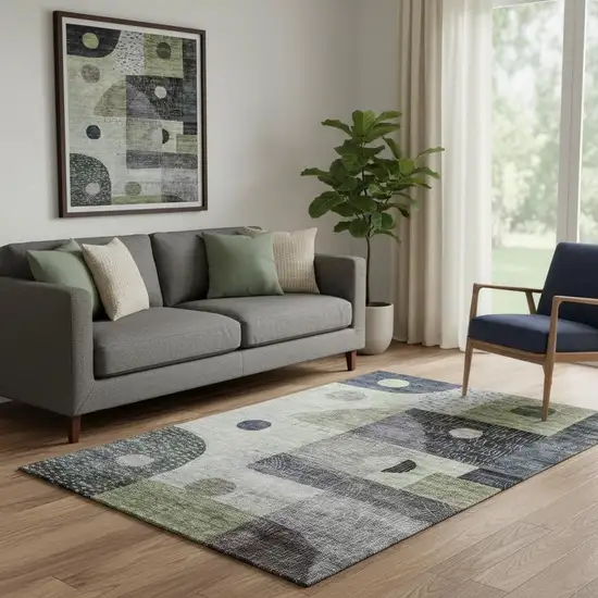 Artichoke Green Silver And Gray Geometric Washable Area Rug With UV Protection Photo 2