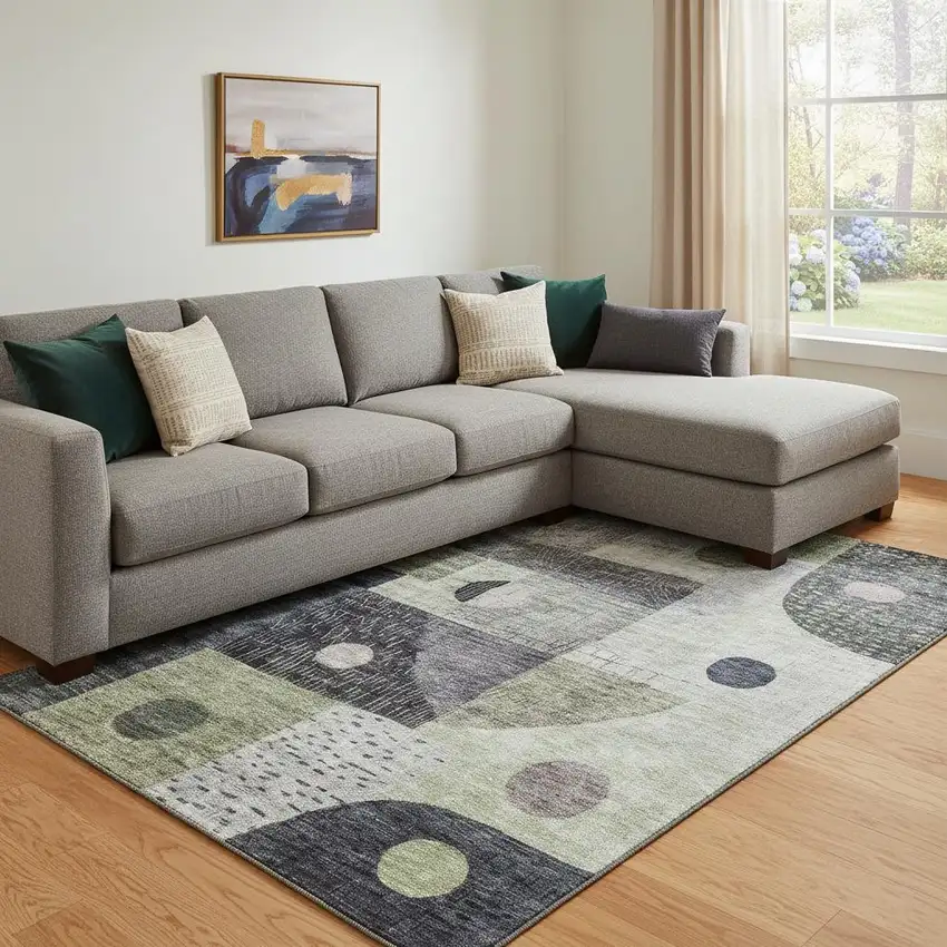 Artichoke Green Silver And Gray Geometric Washable Area Rug With UV Protection Photo 2