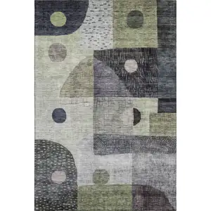 Photo of Artichoke Green Silver And Gray Geometric Washable Area Rug With UV Protection