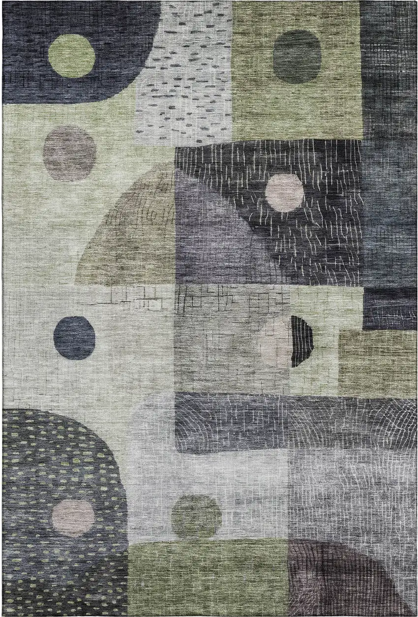 Artichoke Green Silver And Gray Geometric Washable Area Rug With UV Protection Photo 1