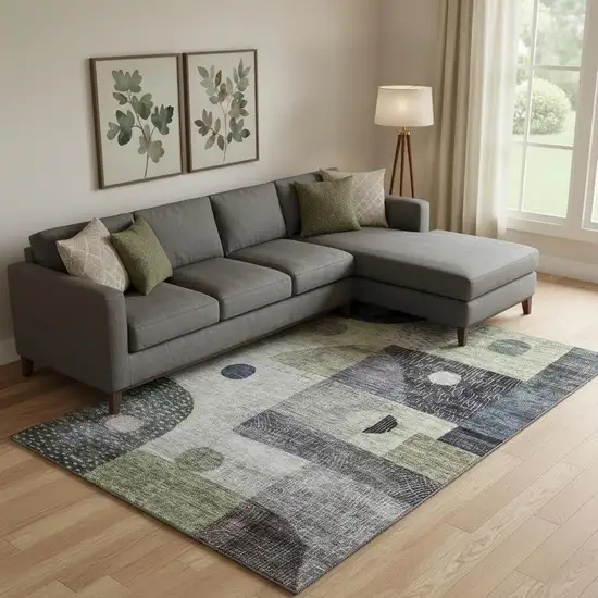 Artichoke Green Silver And Gray Geometric Washable Area Rug With UV Protection Photo 2