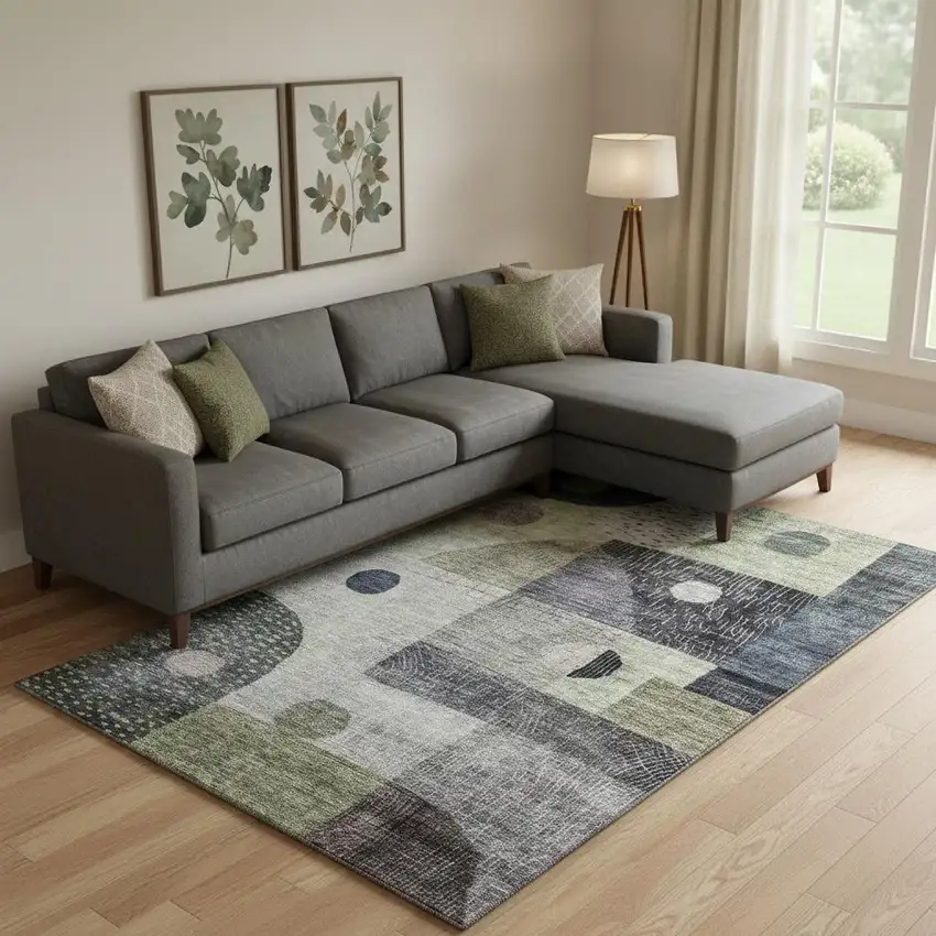 Artichoke Green Silver And Gray Geometric Washable Area Rug With UV Protection Photo 2