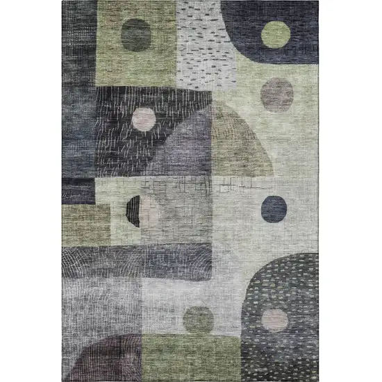 Artichoke Green Silver And Gray Geometric Washable Area Rug With UV Protection Photo 2