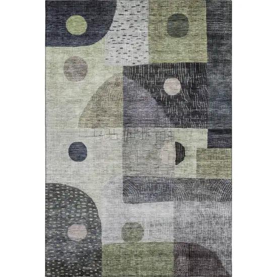 Artichoke Green Silver And Gray Geometric Washable Area Rug With UV Protection Photo 1