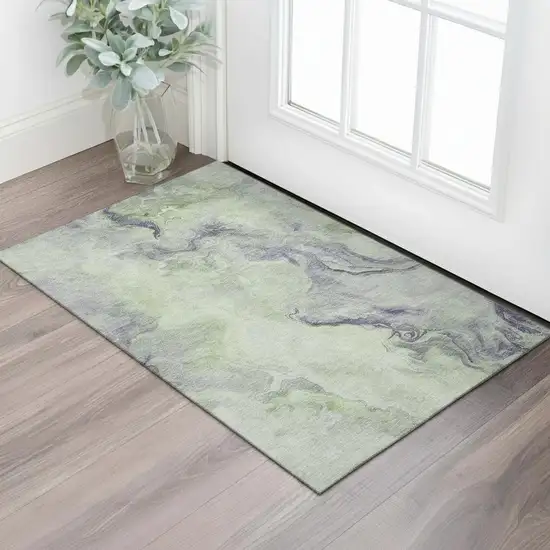Artichoke Green Silver And Lavender Abstract Washable Area Rug With UV Protection Photo 2