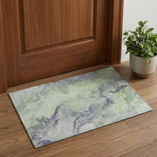Artichoke Green Silver And Lavender Abstract Washable Area Rug With UV Protection Photo 1