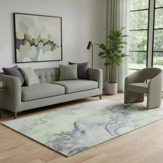 Artichoke Green Silver And Lavender Abstract Washable Area Rug With UV Protection Photo 2