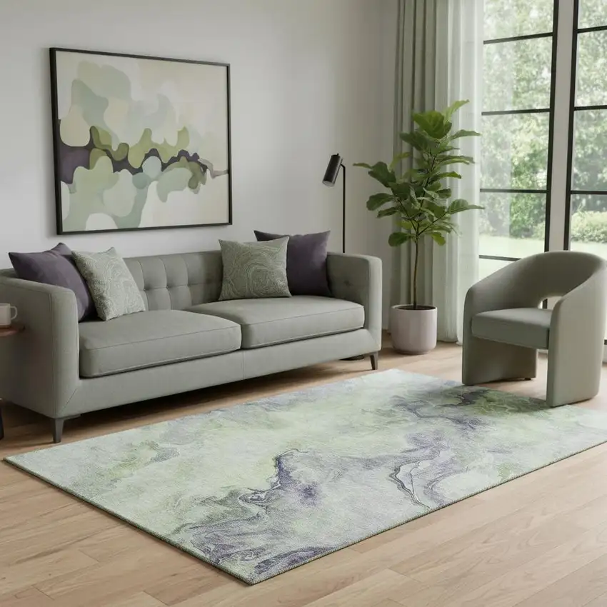 Artichoke Green Silver And Lavender Abstract Washable Area Rug With UV Protection Photo 2