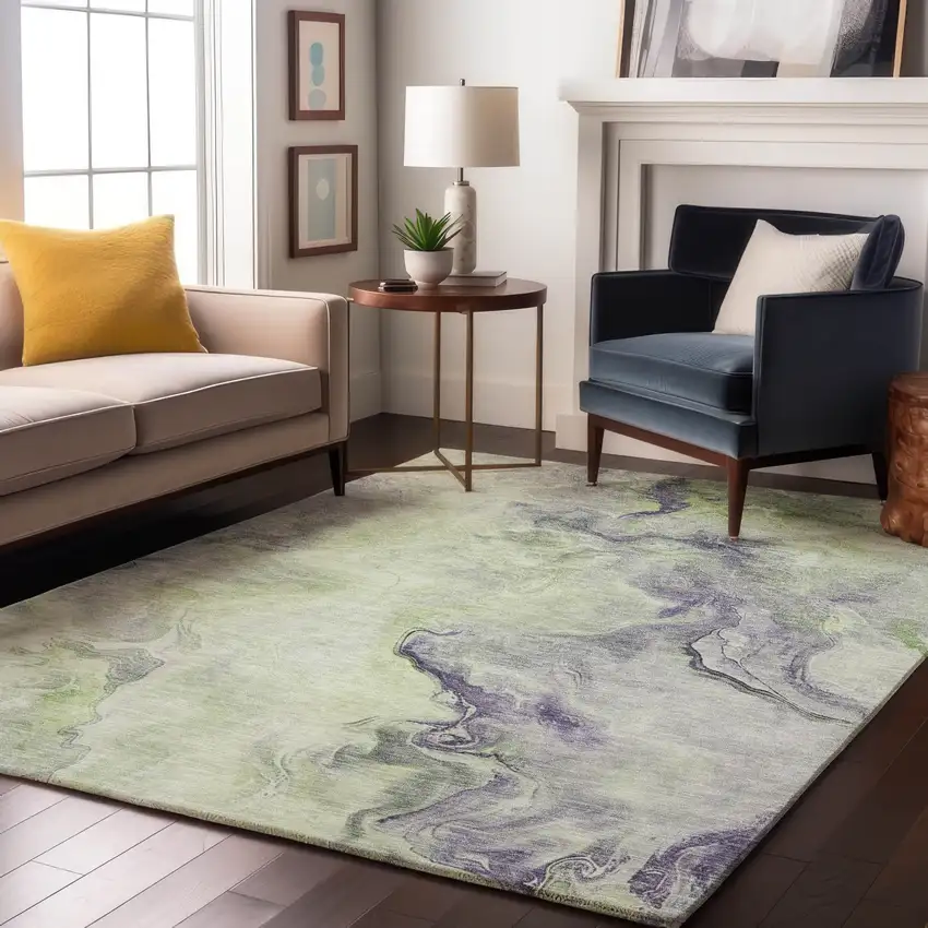 Artichoke Green Silver And Lavender Abstract Washable Area Rug With UV Protection Photo 5