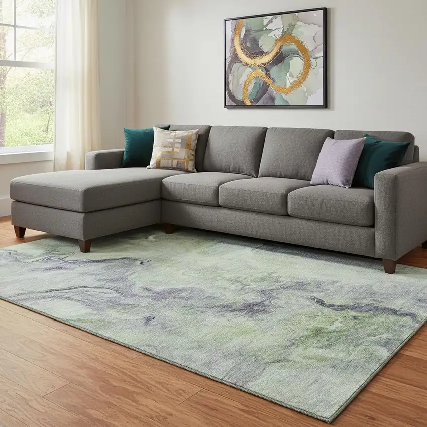 Artichoke Green Silver And Lavender Abstract Washable Area Rug With UV Protection Photo 2