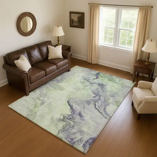 Artichoke Green Silver And Lavender Abstract Washable Area Rug With UV Protection Photo 4