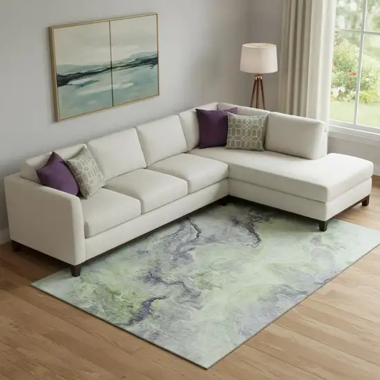 Artichoke Green Silver And Lavender Abstract Washable Area Rug With UV Protection Photo 2