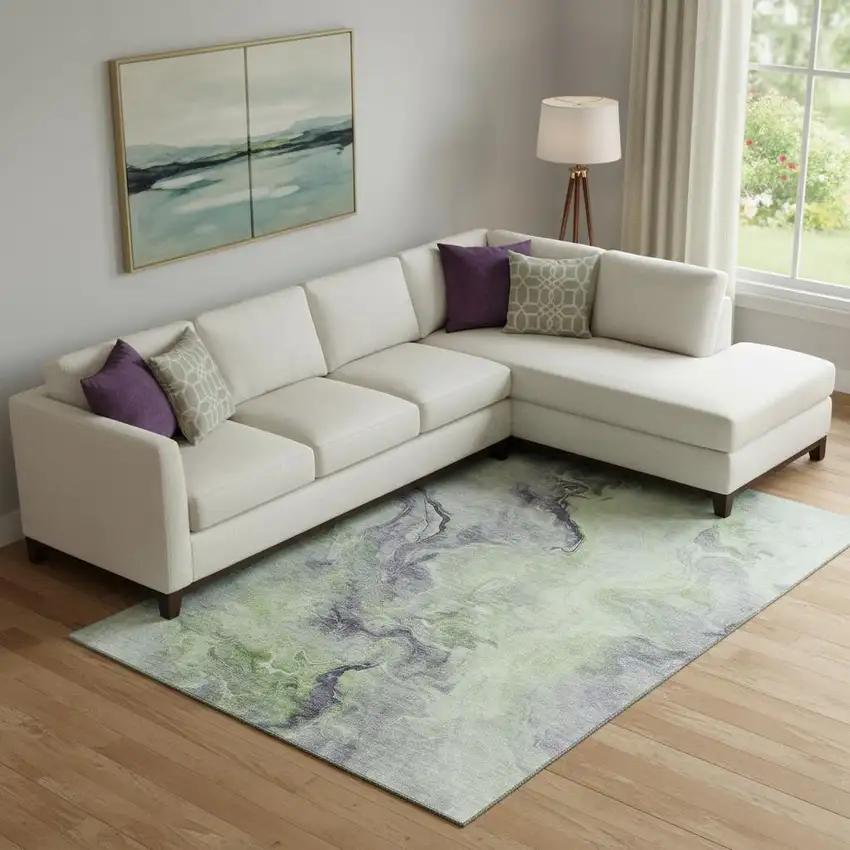 Artichoke Green Silver And Lavender Abstract Washable Area Rug With UV Protection Photo 2