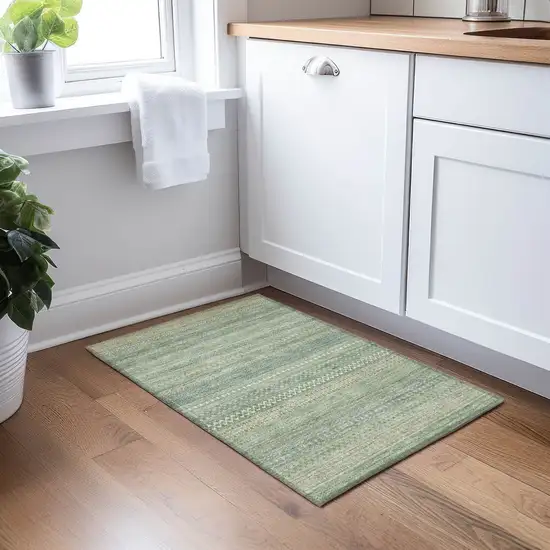 Artichoke Green Striped Washable Non Skid Indoor Outdoor Area Rug Photo 9