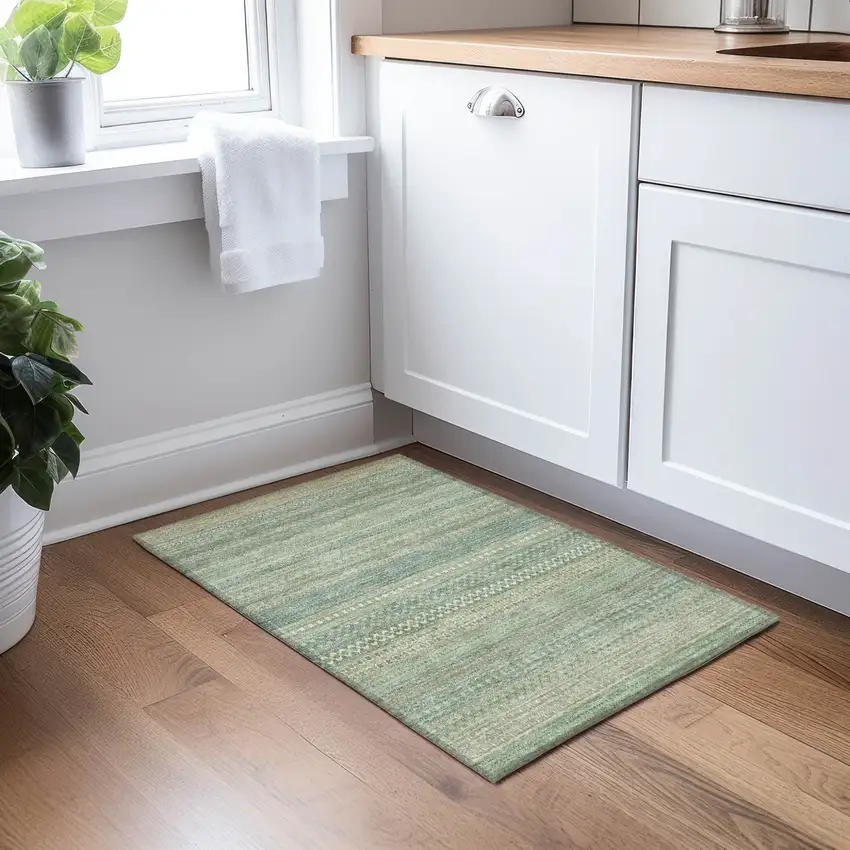 Artichoke Green Striped Washable Non Skid Indoor Outdoor Area Rug Photo 9