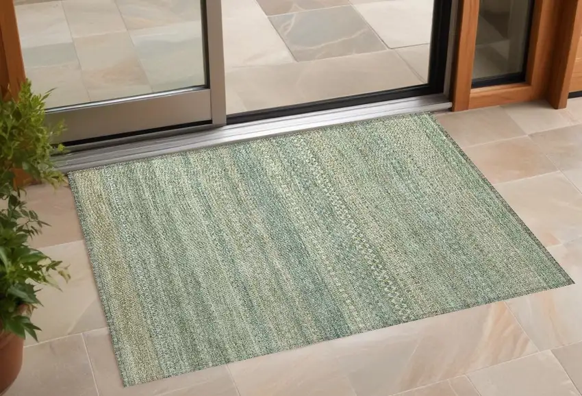 Artichoke Green Striped Washable Non Skid Indoor Outdoor Area Rug Photo 1