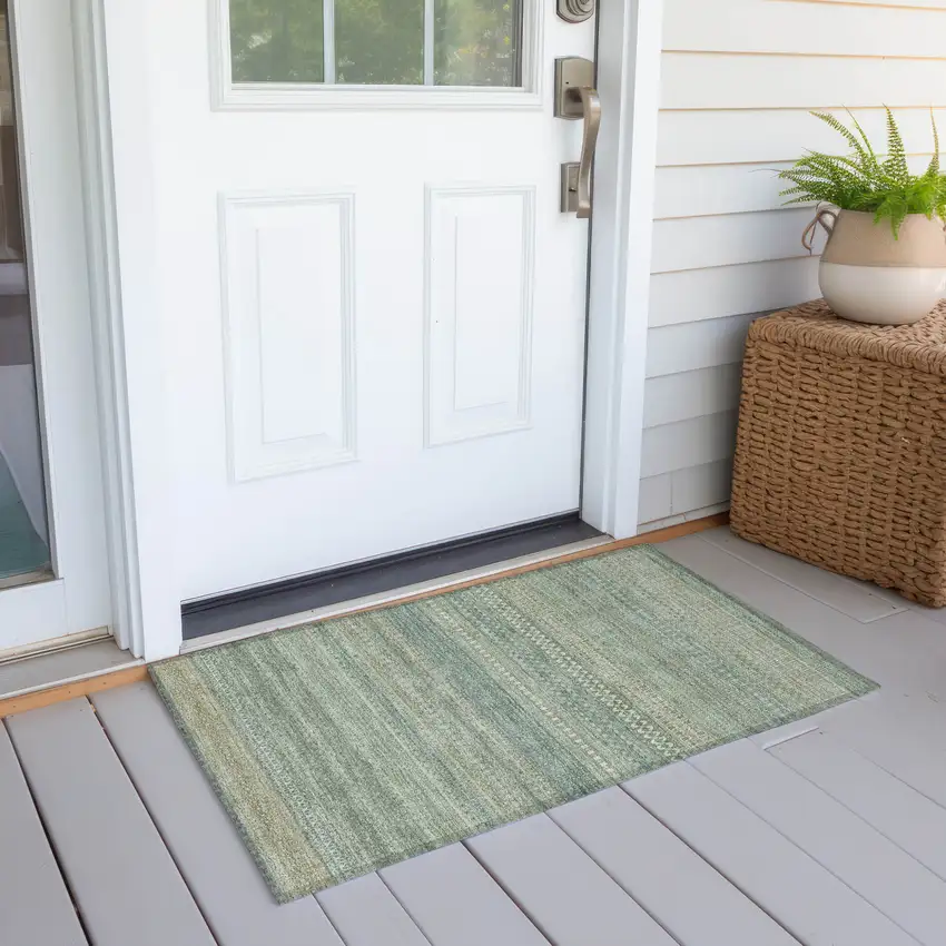 Artichoke Green Striped Washable Non Skid Indoor Outdoor Area Rug Photo 8