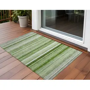 Photo of Artichoke Green Striped Washable Non Skid Indoor Outdoor Area Rug