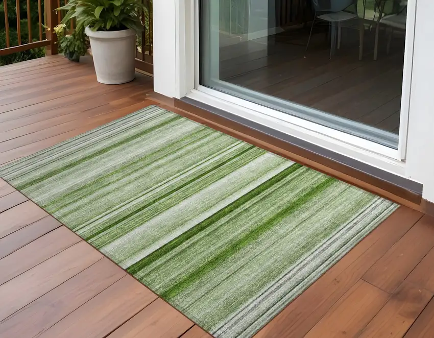 Artichoke Green Striped Washable Indoor Outdoor Area Rug Photo 1