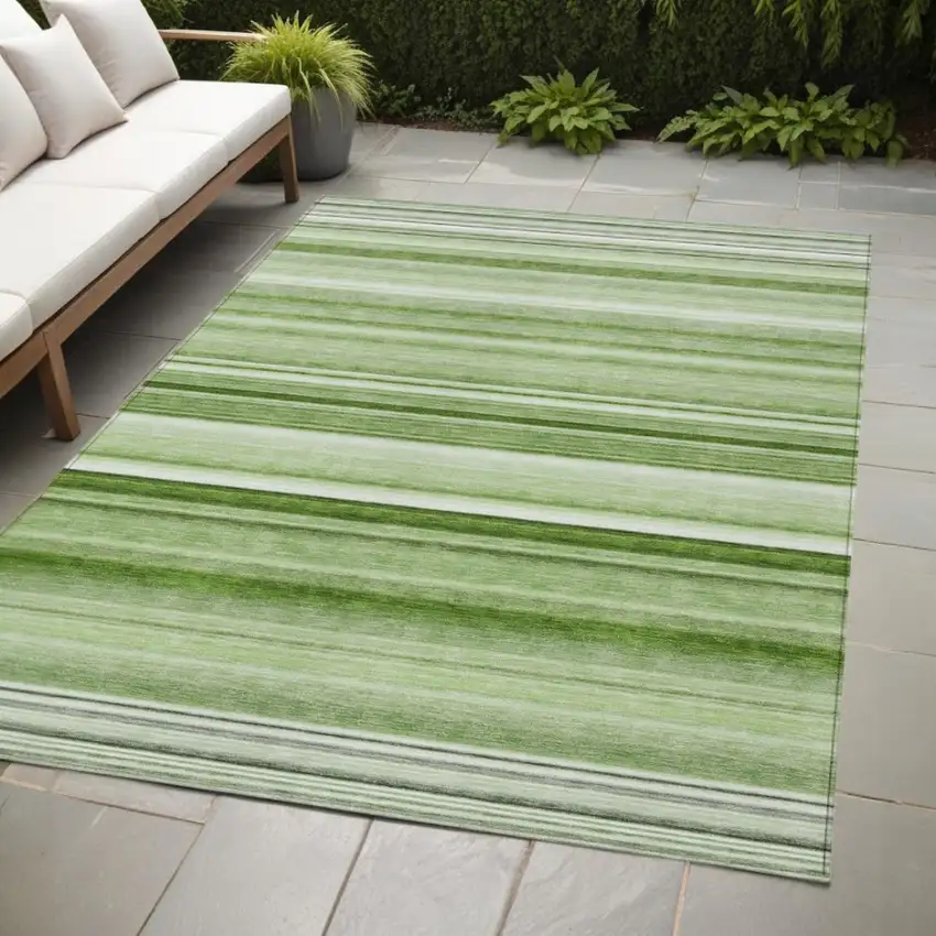 Artichoke Green Striped Washable Indoor Outdoor Area Rug Photo 1