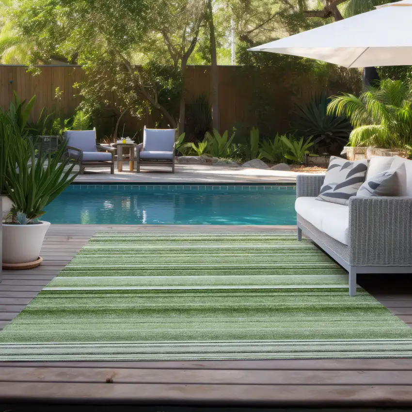 Artichoke Green Striped Washable Indoor Outdoor Area Rug Photo 8