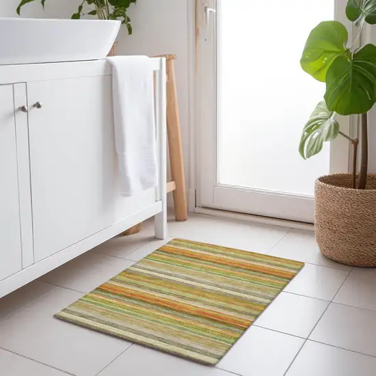 Artichoke Green Striped Washable Non Skid Indoor Outdoor Area Rug Photo 8