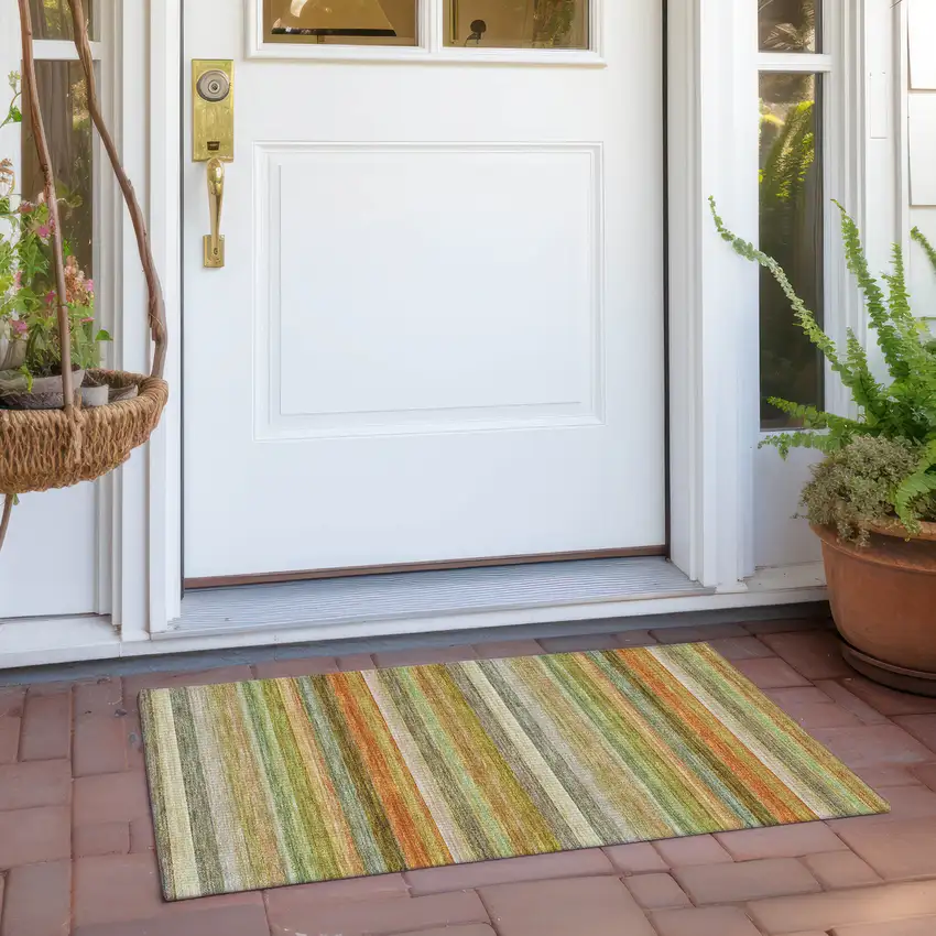 Artichoke Green Striped Washable Non Skid Indoor Outdoor Area Rug Photo 9