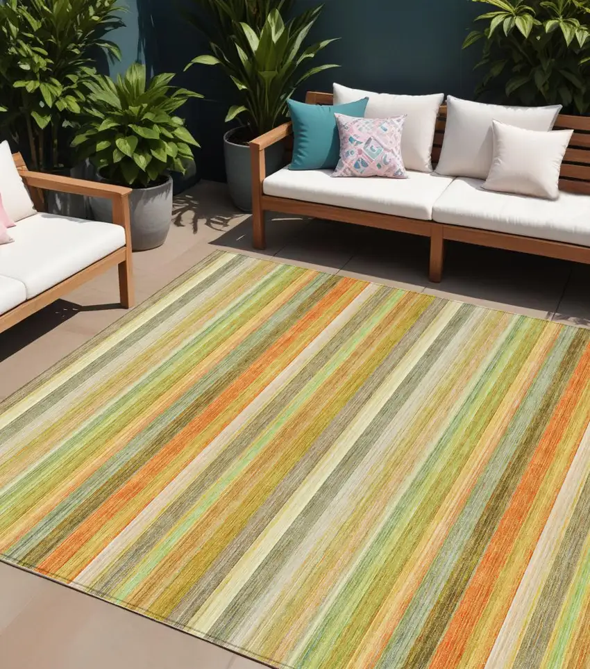 Artichoke Green Striped Washable Non Skid Indoor Outdoor Area Rug Photo 1