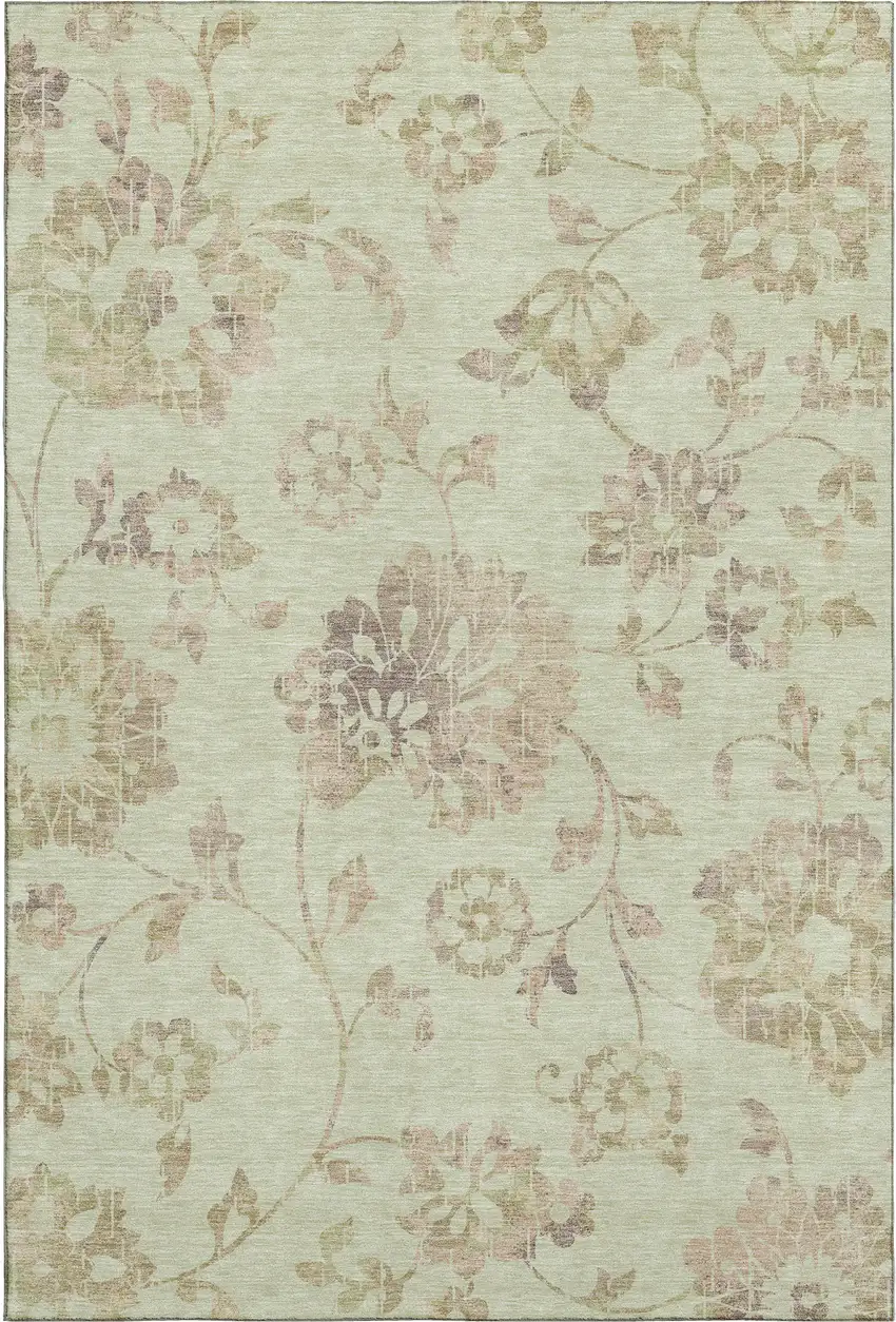 Artichoke Green Taupe And Beige Floral Washable Area Rug With UV Protection Photo 1