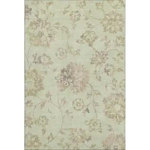 Photo of Artichoke Green Taupe And Beige Floral Washable Area Rug With UV Protection