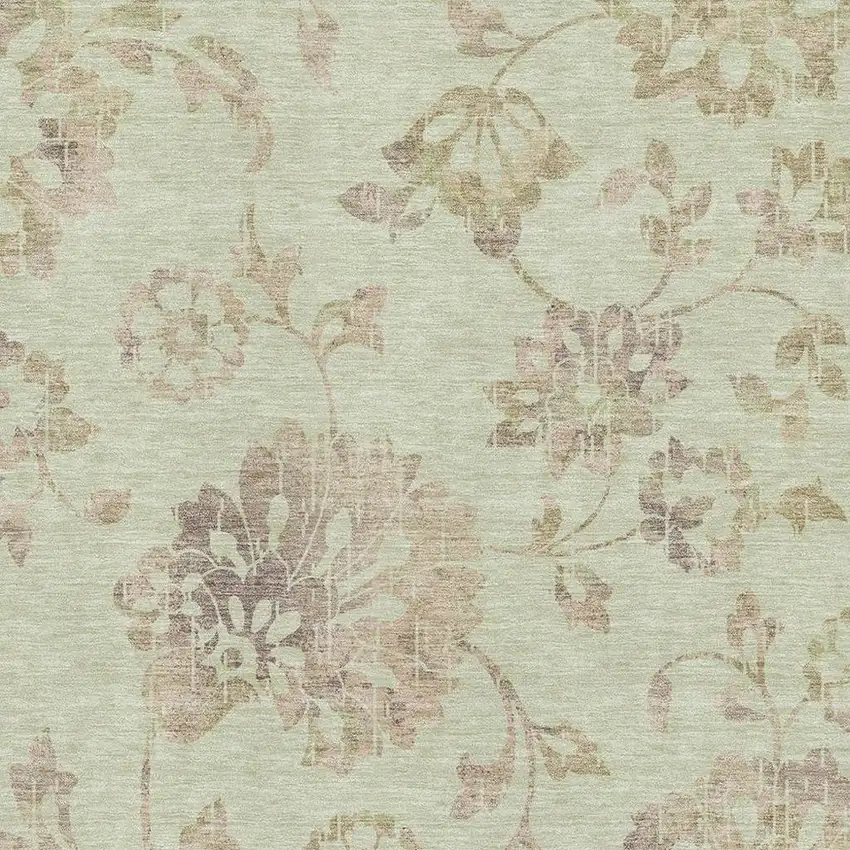 Artichoke Green Taupe And Beige Floral Washable Area Rug With UV Protection Photo 3