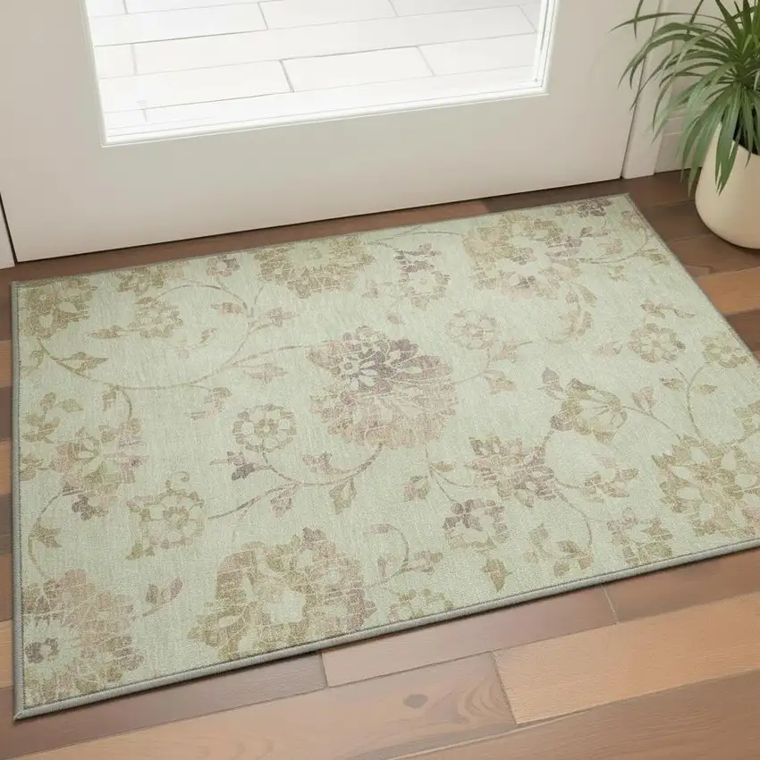 Artichoke Green Taupe And Beige Floral Washable Area Rug With UV Protection Photo 2