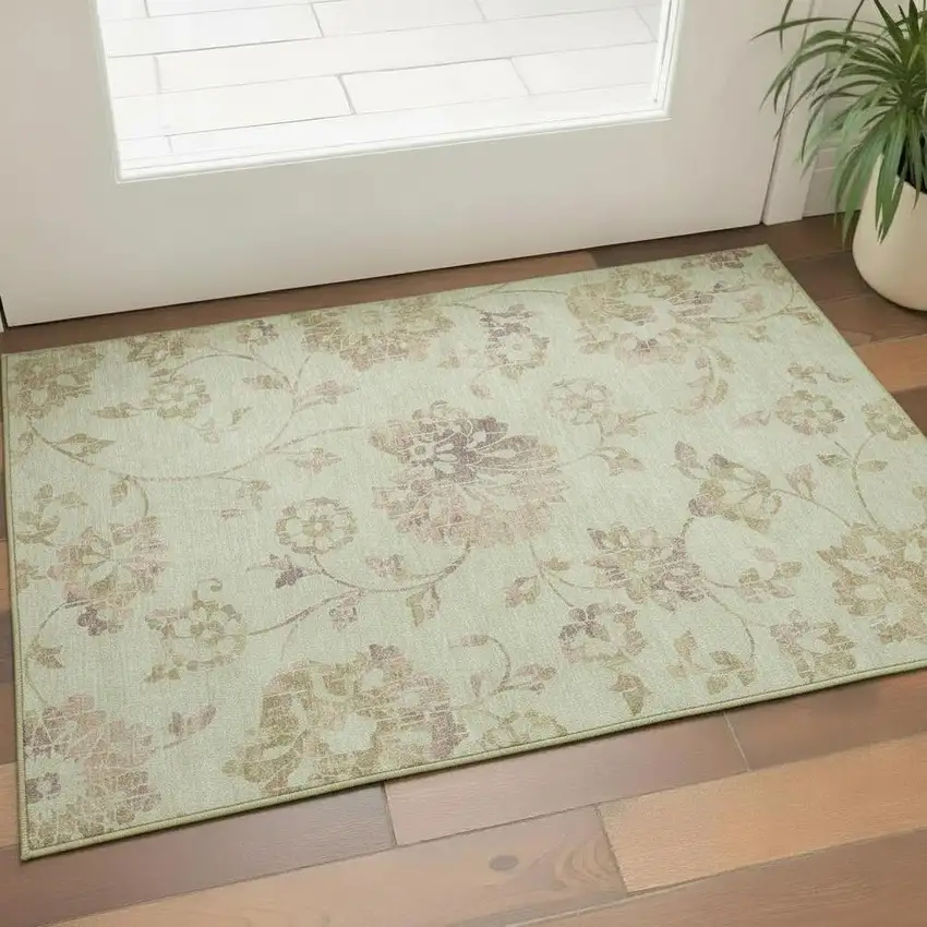 Artichoke Green Taupe And Beige Floral Washable Area Rug With UV Protection Photo 1