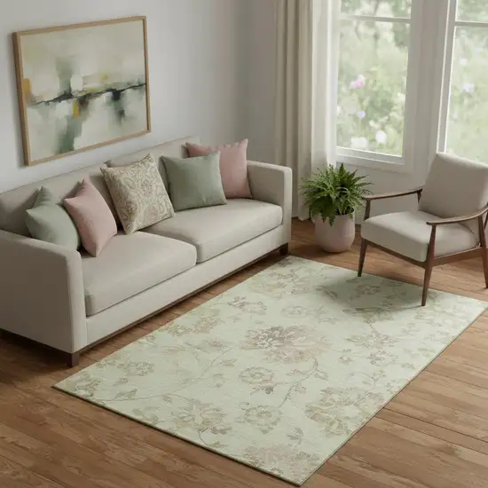 Artichoke Green Taupe And Beige Floral Washable Area Rug With UV Protection Photo 1