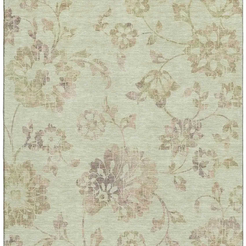 Artichoke Green Taupe And Beige Floral Washable Area Rug With UV Protection Photo 4