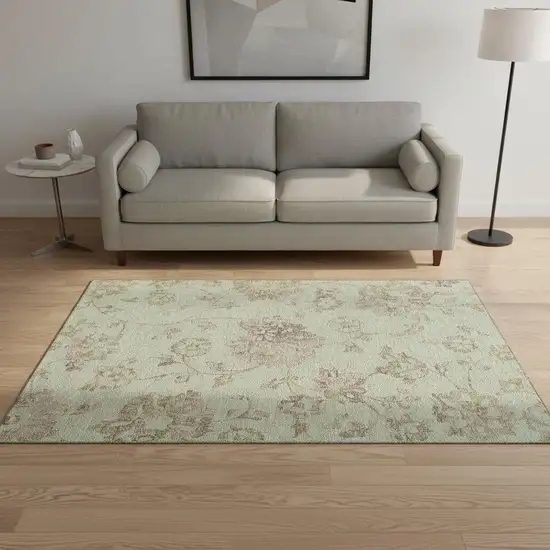 Artichoke Green Taupe And Beige Floral Washable Area Rug With UV Protection Photo 2