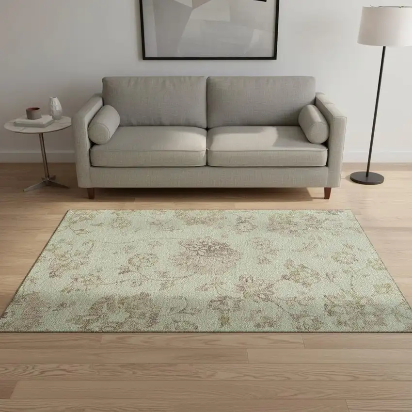Artichoke Green Taupe And Beige Floral Washable Area Rug With UV Protection Photo 2