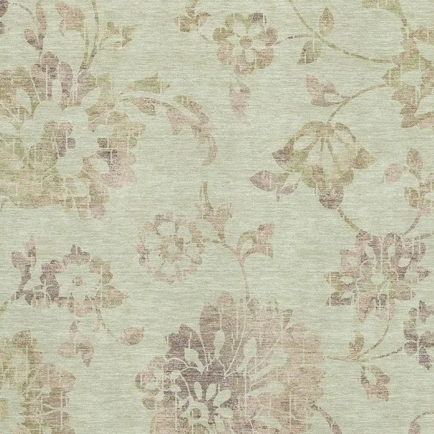 Artichoke Green Taupe And Beige Floral Washable Area Rug With UV Protection Photo 3