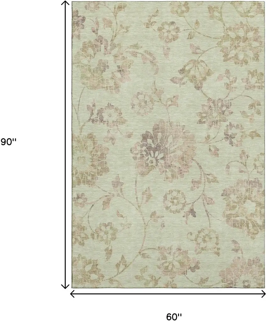 Artichoke Green Taupe And Beige Floral Washable Area Rug With UV Protection Photo 9