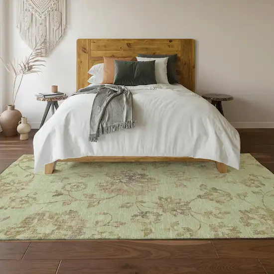 Artichoke Green Taupe And Beige Floral Washable Area Rug With UV Protection Photo 6