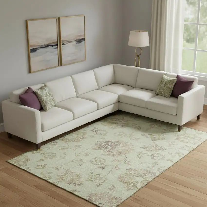 Artichoke Green Taupe And Beige Floral Washable Area Rug With UV Protection Photo 1