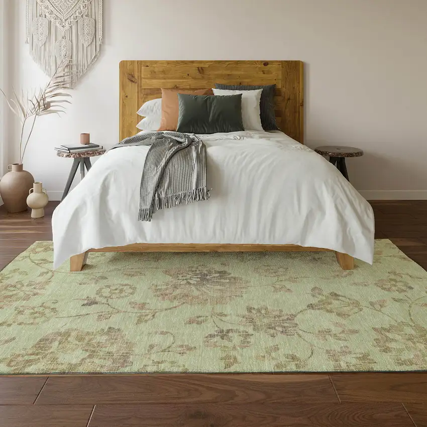 Artichoke Green Taupe And Beige Floral Washable Area Rug With UV Protection Photo 5