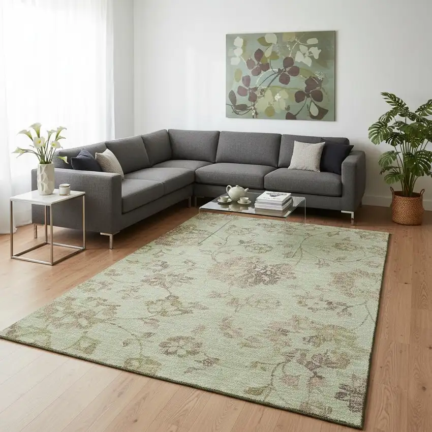 Artichoke Green Taupe And Beige Floral Washable Area Rug With UV Protection Photo 2