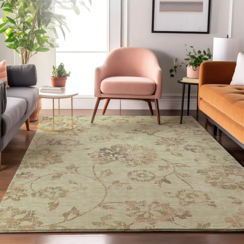 Artichoke Green Taupe And Beige Floral Washable Area Rug With UV Protection Photo 4