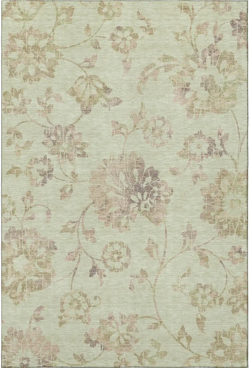 Artichoke Green Taupe And Beige Floral Washable Area Rug With UV Protection Photo 3