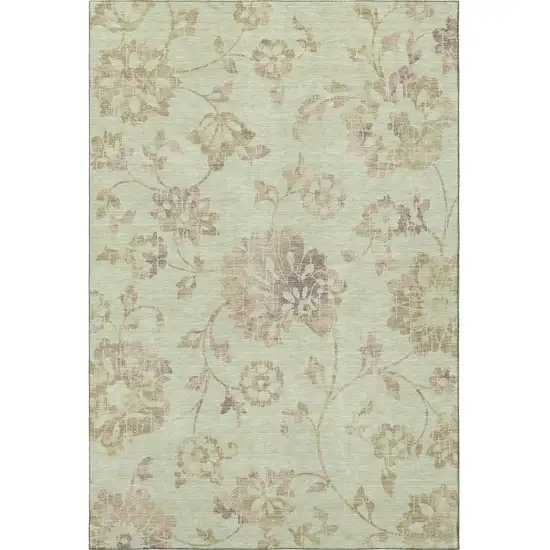 Artichoke Green Taupe And Beige Floral Washable Area Rug With UV Protection Photo 3